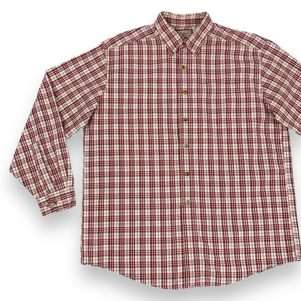 LL Bean Shirt Men Large Red Multi Plaid Cotton Pocket Button Down EUC